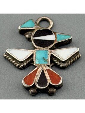 Vintage Thunderbird Charm Pendant Sterling Silver Turquoise Coral Onyx MOP Inlay